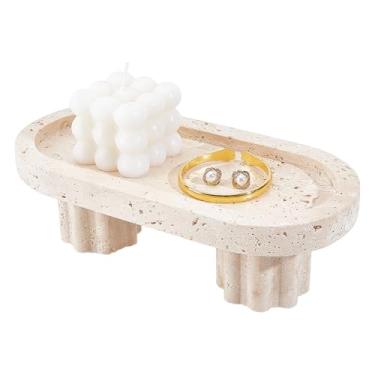 Imagem de NBEADS Bandeja de mármore de 24 x 12 cm, bandeja oval com 2 pernas, decoração de pedra multiuso para joias, velas essenciais de banheiro, cor de linho