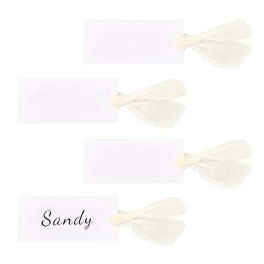 Imagem de 50un Conjunto Cartões de Mesa, 9x4cm com 3 Rolos Fita de 280cm Ideais para Recepções Casamento Festas e Banquetes (Branco Marfim)