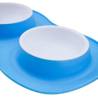 Imagem de Comedouro Duplo Pet em Silicone, Base Azul com Tigelas Brancas Removíveis, 200ml cada, 43x24x4cm, para Cães e Gatos