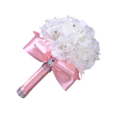 Imagem de Flores de espuma de casamento para madrinha de casamento de PE acessível – buquê de noiva elegante com fita para ocasiões especiais (rosa)