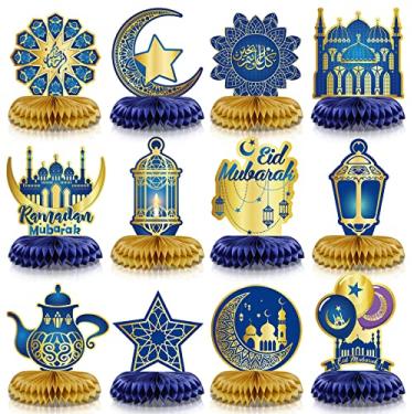 Imagem de 12 Pcs Ramadan Mubarak Decorations, Blue and Gold Eid Mubarak Honeycomb Centerpieces Decor Shining Golden Star Moon Lantern Table Toppers Supplies for Eid Al Fitr Party Muslim Islamic Holiday Favors