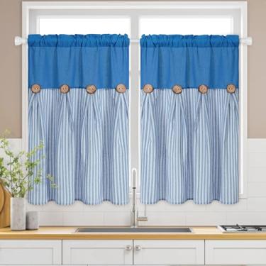 Imagem de ASPMIZ Cortinas de cozinha de linho de 91 cm de comprimento, cortina de janela de cozinha de fazenda sobre a pia, cortinas curtas listradas azul lago para janelas pequenas, banheiro, varão, bolso