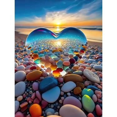 Imagem de EIBEILI Conjunto de pintura de diamante adulto - conjunto de pintura de diamante de seixos à beira-mar, pintura de diamante 5D, DIY pintura de diamante completo artesanato com pedras preciosas 30 x