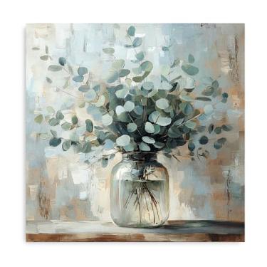 Imagem de Arte de parede de eucalipto sereno - tela verde sálvia emoldurada de 61 cm x 61 cm com design botânico de pote de pedreiro, decoração de fazenda para banheiro, quarto e cozinha - Impressão natural