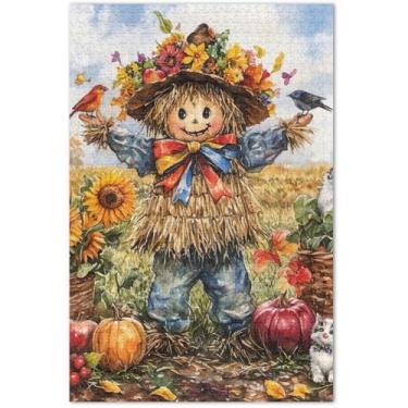 Imagem de Quebra-cabeça floral outono espantalho adultos 1000 peças quebra-cabeça brinquedo arte jogo de arte quebra-cabeças rígidos para adultos presentes engraçados de jogo de quebra-cabeça, 75 x 40