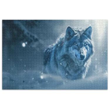 Imagem de Quebra-cabeça de inverno lobo neve 1000 peças para adultos presentes para jogo de elefante branco quebra-cabeças difíceis para adultos arte colorida