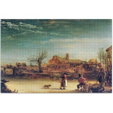 Imagem de Rembrandt Quebra-cabeças de paisagem de inverno 1000 peças para adultos presentes para amantes de quebra-cabeças, quebra-cabeças legais para adultos, pintura de belas artes, 75 x 40 cm