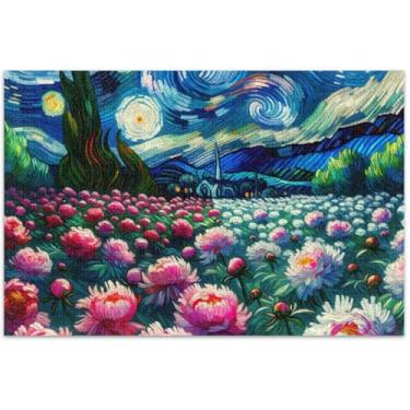 Imagem de Quebra-cabeça noite estrelada flores peônia para adultos 1000 peças engraçado engraçado natureza quebra-cabeça paisagem floral, 75 x 40 centímetros