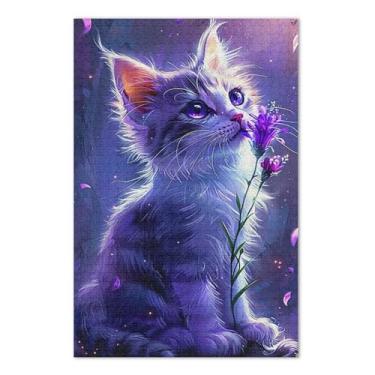 Imagem de Quebra-cabeças adultos com pintura de gato flor roxa 500 peças, quebra-cabeças difíceis para adultos com letras nas costas