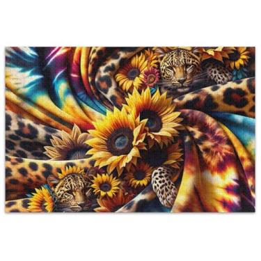 Imagem de Quebra-cabeça com estampa de leopardo, girassóis tie dye para adultos, 1000 peças, amigos, família, jogos, presentes, quebra-cabeça divertido, arte de flores