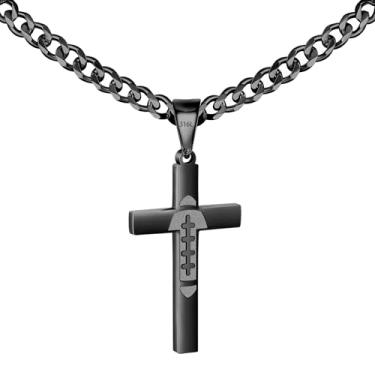 Imagem de Avotto Colar de aço inoxidável 316L com cruz de beisebol/futebol/futebol para homens, meninos, prata, ouro, preto, masculino, 5 mm, corrente cubana resistente que não desbota com pingente de cruz 45