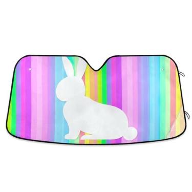 Imagem de Protetor solar personalizado com listras de arco-íris de coelho branco para para-brisa de carro dobrável para-brisa automotivo guarda-sol animal floral S, 134,6 cm x 59,7 cm