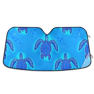 Imagem de Toldo de sol azul brilhante com estampa de tartarugas marinhas personalizadas para para-brisas de carro, óculos de sol dobráveis fofos para janelas dianteiras floral automotivo M, 139,7 cm x 70,1 cm