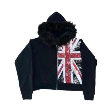 Imagem de Moletom Casual Com Capuz E Zíper, Estampa Retro Y2K Com Gola De Pelo -