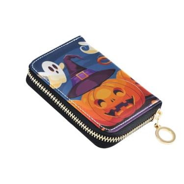 Imagem de Carteira feminina de Halloween com estampa de abóboras fantasmas com zíper, protetor de cartão de crédito, bloqueio de RFID, carteira de dinheiro de viagem com bolso para moedas