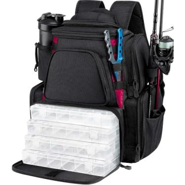 Imagem de Mochila de pesca Piscifun com 4 bandejas, grande, à prova d 'água, com capa de chuva protetora e 4 porta-malas (cáqui, preto e camuflagem), Black Backpack with 4 Trays