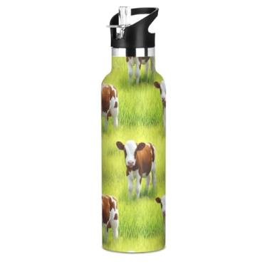 Imagem de Joisal Garrafas de água isoladas para meninos de 590 ml com tampa de palha, linda garrafa de água esportiva de aço inoxidável marrom branco com alça, copos infantis à prova de vazamento