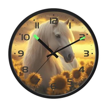 Imagem de SEHANY Relógio de parede artístico majestoso cavalos silencioso, sem tique-taque, relógio redondo operado por bateria, controle de som, luz noturna, relógios de parede para sala de estar, cozinha