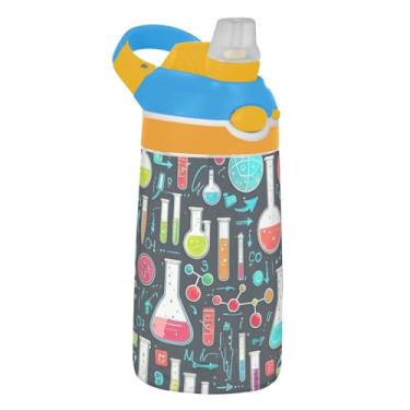 Imagem de Garrafa de água esportiva infantil de 473 ml com tampa de palha, garrafa de água reutilizável para escola à prova de vazamento 473 ml, copo infantil Tritan, alça de transporte, tubos de teste