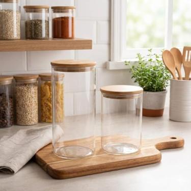 Imagem de Kit 2 Potes de Vidro Borossilicato com Tampa de Bambu, Transparente com Tampa Natural, 950ml e 1800ml, Herméticos para Armazenamento de Alimentos