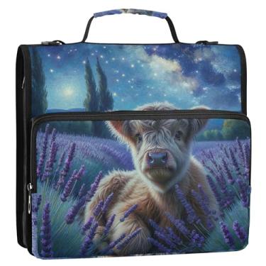 Imagem de Fichários de documentos de 3 cm com 3 anéis de vaca highland resistente lavanda floral zíper pasta de armazenamento com alça bolsa de fichário escolar com alça