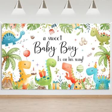Imagem de Mocsicka Banner de fundo de dinossauro para chá de bebê, um menino doce está a caminho, pano de fundo fofo desenho animado dinossauro chá de bebê decoração de fundo para fotografia de festa