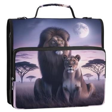 Imagem de Fichários Lions de paisagem africana de 3 cm com 3 anéis para fichários resistentes com zíper, bolsa organizadora com alça para armazenamento escolar, pasta de portfólio com alça