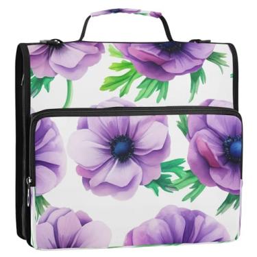 Imagem de Bolsa para fichário com 3 anéis de flores em aquarela roxa com alça, organizador de fichário com zíper comporta 500 folhas, estojo com vários bolsos para escola ou escritório