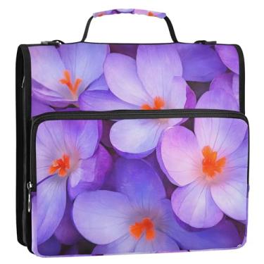 Imagem de Açafrão violeta floral roxo 3 fichários anel D 1,5 polegada organizador de fichário com zíper bolsa de fichário ensino médio com alça de armazenamento de negócios estojo portfólio com alça