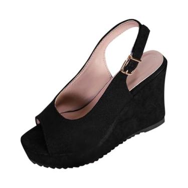 Imagem de Sandálias femininas modernas e casuais versáteis de tecido com fivela primavera e verão com sola grossa de salto plataforma, Preto, 38