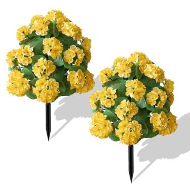 Imagem de Conjunto de 2 topiárias artificiais para uso ao ar livre com flor de begônia, árvore de bola de buxo de topiária falsa com espigão no chão, arbustos falsos, arbustos, planta perene para jardim interno