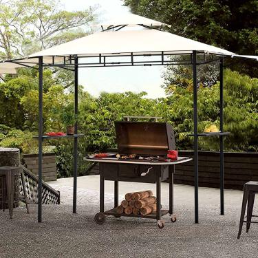 Imagem de Gazebo para churrasqueira de quintal de camada dupla de ferro com balcões de bar e persianas extensíveis para seu quintal, pátio, jardim, ao ar livre ou festa (branco 13 pés x 12 m) (bege 3,7 m x 4,9
