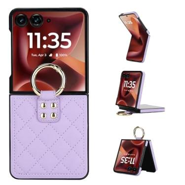 Imagem de Capa para Motorola Razr 50 Ultra, capa traseira ultrafina e leve com anel de metal, capa de couro fina à prova de choque, design elegante de ponto de diamante (Roxo)