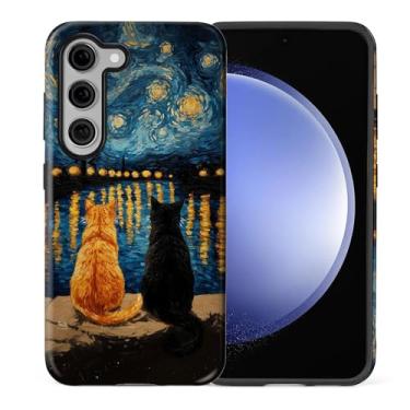 Imagem de CARLOCA Compatível com Samsung Galaxy S23 Plus Capa protetora de corpo inteiro brilhante para meninas meninos à prova de choque padrão estética pintura a óleo laranja preto gato noite estrelada