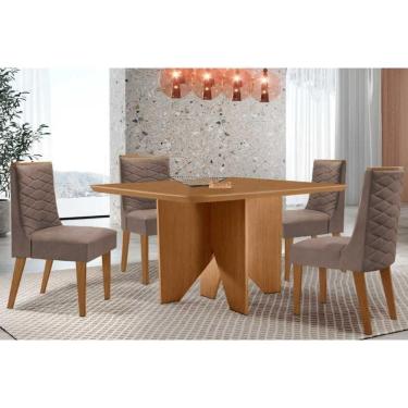 Imagem de Sala Jantar Mesa Nevada Tampo Curvo 90cm+4 Cadeiras Dafne Madeira Naturale - Capuccino/Corano Capuccino - Rufato