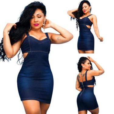 Imagem de Vestido Jeans Feminino Com Manga Moda Feminina De Lycra Curto Alça Zíp