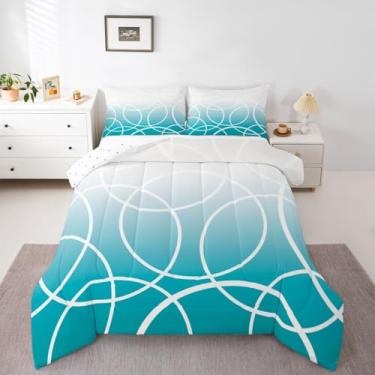 Imagem de Conjunto de edredom com círculos geométricos, gradiente, ombré, solteiro, azul-petróleo, cinza, branco, azul-petróleo, 1 edredom geométrico e 1 fronha com círculos