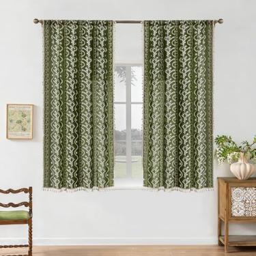 Imagem de Cortinas boêmias de outono vintage floral com bolso para varão, retrô, sala de estar, quarto, quinta, cozinha, 163 cm de comprimento, painéis de janela de dormitório com estampa verde oliva