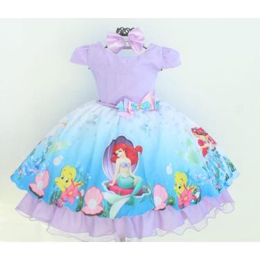 Imagem de Vestido Infantil Sereia Fundo Do Mar Ariel E Tiara Luxo - Pingo De Gen