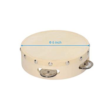 Imagem de Dioche Instrumento Musical de Pandeiro de Mão de Madeira Com Jingles de Fileira única de Metal e Pele de Tambor de Pele de Carneiro 8 Polegadas de Qualidade Profissional para Adultos, (Bege)