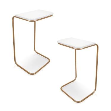 Imagem de Kit 02 Mesas Lateral Tampo Multiuso Para Sófá Base Dourado J01 - D'Ros