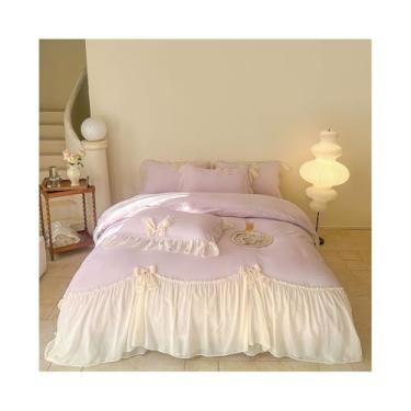 Imagem de Conjunto de cama com laço de renda estilo francês 3/4 peças macio aconchegante microfibra romântica conjunto de capa de edredom (roxo, solteiro 150 x 200 3 peças)