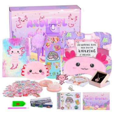 Imagem de 13 peças de presentes de axolote rosa para meninas 3, 4, 5, 6, 7, 8, 9 e 10 anos de idade, com papelaria, diário de pelúcia com fechadura/cobertor brilhante/máscara para os olhos/bolsa transversal