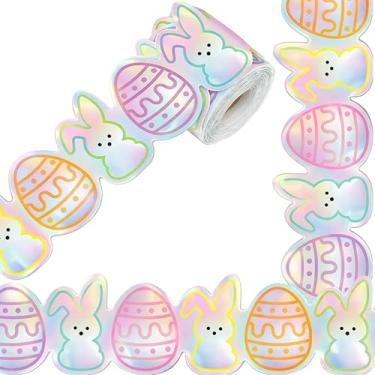 Imagem de Tinlade Bordas de quadro de avisos de Páscoa de 20 m, ovo de coelhinho da Páscoa, acabamento de borda holográfica, acabamento de borda de coelho cortado para escola, sala de aula, quadro-negro