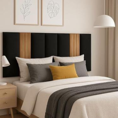 Imagem de Kit Cabeceira Cama Box Casal Estofada Com Ripado Mdf Freijó (Preto/Freijó, King)