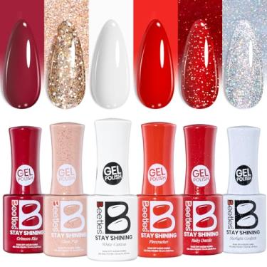 Imagem de Conjunto de esmalte de gel Beetles Valentines Stay Shining Crimson Glamour, conjunto de 6 cores, esmalte de gel, branco, vermelho, borgonha, glitter, cor de imersão UV, LED, arte de unhas, faça você