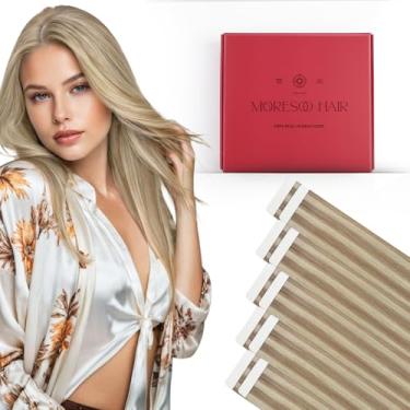 Imagem de Moresoo Extensões de cabelo humano com fita adesiva para cabelo humano loiro mel realçado loiro médio sem costura extensões de cabelo Remy fita na moda cabelo humano real para uso diário 50 cm 10