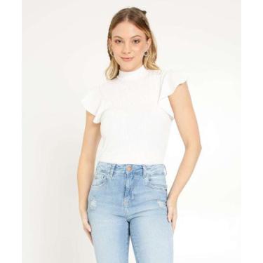 Imagem de Blusa Feminina Canelada Gola Alta Babado Marisa-55052, Off white, PP