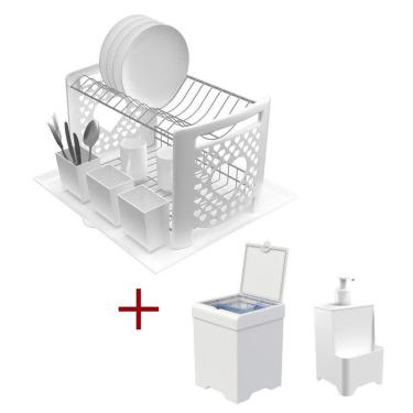 Imagem de Kit Cozinha Escorredor Coração + Lixeira 5,4l + Dispenser Branco