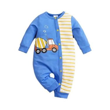 Imagem de Macacão De Manga Comprida Com Estampa De Listras Azuis Para Bebês Recé